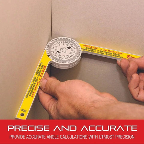 Person using Starrett 12-Inch Aluminum Miter Protractor with Dual Laser Engraved Scales to measure a wall angle for precise cuts.