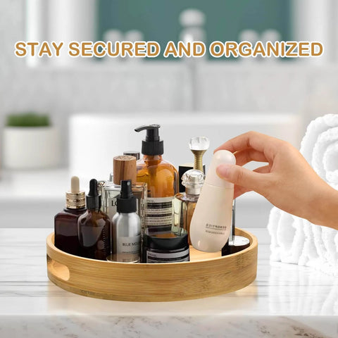 12 inch wooden lazy susan turntable organizer with handles, rotating acacia wood tray in use on a bathroom counter.