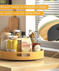 Close-up of 12 inch bamboo lazy susan organizer with handles, non skid rotating spice rack showcasing its stability design.