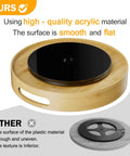 12 inch bamboo lazy susan organizer with handles, non skid rotating spice rack designed for kitchen cabinets and countertops, featuring a smooth black acrylic surface.