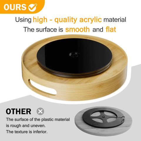 12 inch bamboo lazy susan organizer with handles, non skid rotating spice rack designed for kitchen cabinets and countertops, featuring a smooth black acrylic surface.