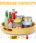 12 inch bamboo lazy susan organizer with handles, non skid rotating spice rack showcasing storage capacity with bottles and jars.