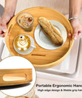 12 inch wooden lazy susan turntable organizer with handles, rotating acacia wood tray with drinks and bread.