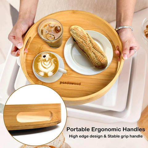 12 inch wooden lazy susan turntable organizer with handles, rotating acacia wood tray with drinks and bread.