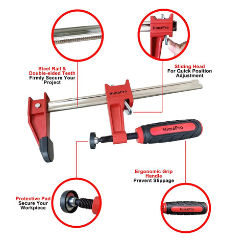 12 inch woodworking bar clamps set with ergonomic handle by HimaPro, showcasing steel rail and quick release features for secure grip.