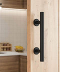 12 inch heavy duty sliding barn door handle with pull and flush finger hardware set, black powder coated finish, installed on door