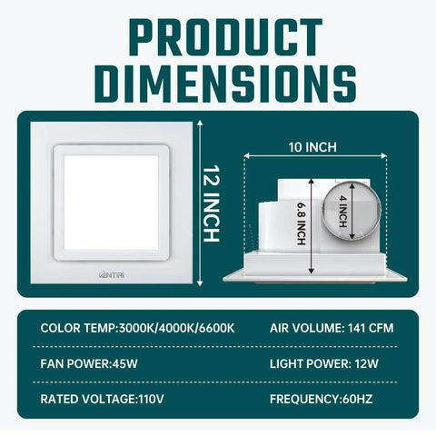 Ultra Quiet 12 Inch Bathroom Exhaust Fan With LED Light 141 CFM Three Color Temperatures 3000K 4000K 6600K Square Vent Dimensions