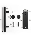 12 inch heavy duty sliding barn door handle with pull and flush finger hardware set, black powder coated finish, components layout