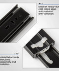 Close-up of heavy-duty black 12-inch full extension ball bearing drawer slides with detachable button and anti-corrosion steel