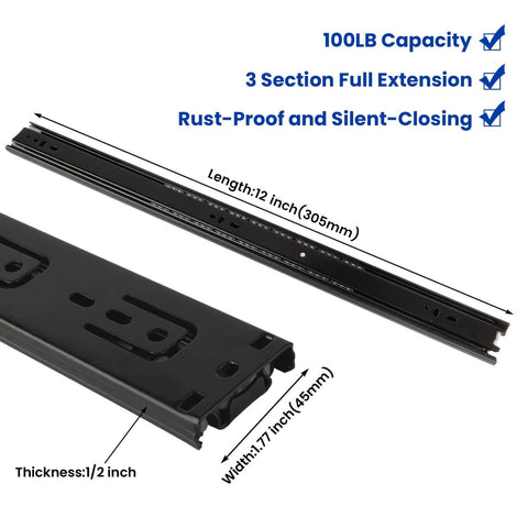12-Inch heavy duty side mount full extension ball bearing drawer slides in black, with 100 lb capacity and rust-proof design.