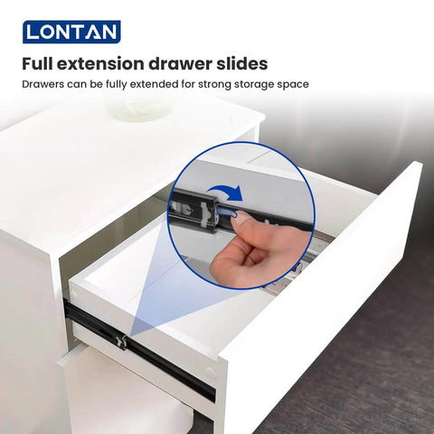 Close-up of 12-Inch Full Extension Ball Bearing Drawer Slides in a white cabinet, illustrating heavy-duty side mount functionality.