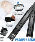 12 Inch Full Extension Drawer Slides Set, 4 Pairs (8 Pieces) Ball Bearing Side Mount Rails, black metal detail with close-up views.
