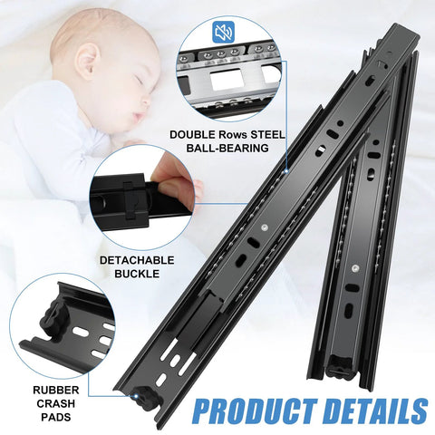 12 Inch Full Extension Drawer Slides Set, 4 Pairs (8 Pieces) Ball Bearing Side Mount Rails, black metal detail with close-up views.