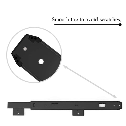Close-up of FRMSAET Sliding Keyboard Drawer Tray Hardware 12 inches, Black metal slide with smooth top to avoid scratches.