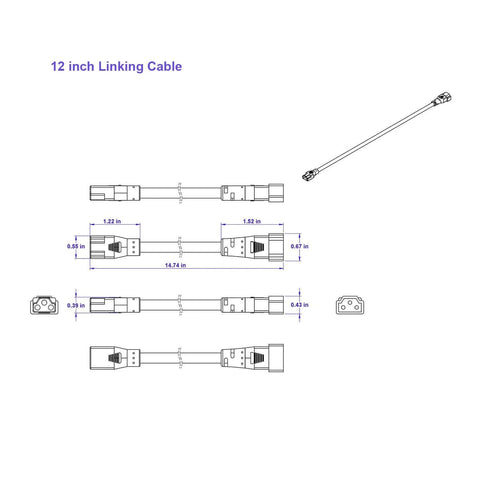 Technical drawing of 12 Inch LED Under Cabinet Lighting Linking Cable And Connector For Flexible End To End Wiring Black LJP0300 BK