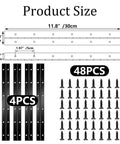 Image of 4 Pack 12 Inch Black Stainless Steel Continuous Piano Hinges For Cabinet Doors Woodworking Furniture with screws and dimensions.