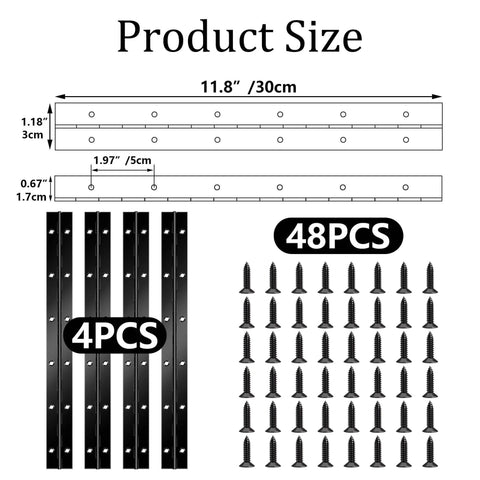 Image of 4 Pack 12 Inch Black Stainless Steel Continuous Piano Hinges For Cabinet Doors Woodworking Furniture with screws and dimensions.