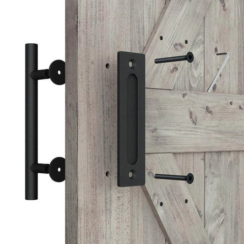 12 inch heavy duty sliding barn door handle with pull and flush finger hardware set on rustic wood door, black finish