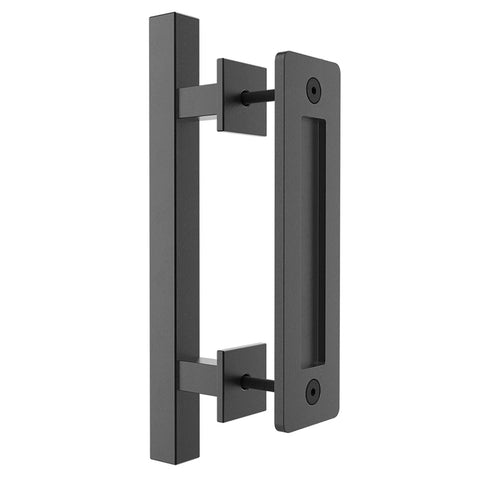 12 Inch Sliding Barn Door Handle Pull And Flush Hardware Set in Rustic Black Finish Anti Rust Steel with Quiet Operation