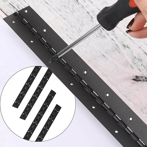 Close-up of 2-Pack 12-Inch Black Stainless Steel Heavy Duty Continuous And Piano Hinges, 2-Inch Open Width, with pre-drilled holes being installed.