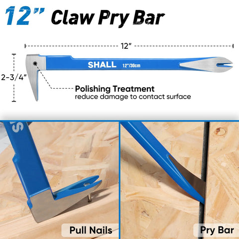 Versatile 4 Piece Pry Bar Set with a 12 inch cat's paw nail puller shown pulling nails and prying wood with blue finish.