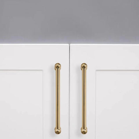 Two Pack 12 Inch Center To Center Brushed Brass Cabinet Pulls Set Solid Heavy Duty Drawer Handles on white cabinets in kitchen