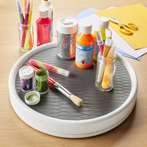 12 Inch Non Skid Pantry Cabinet Lazy Susan Turntable With Smooth Glide Bearings Raised Rim And Nonskid Liner Charcoal holding art supplies