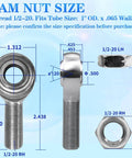 1/2 x 1/2-20 Heim joint rod end kit with chromoly joints, right and left hand threads, heat treated, zinc plated, dimension details.