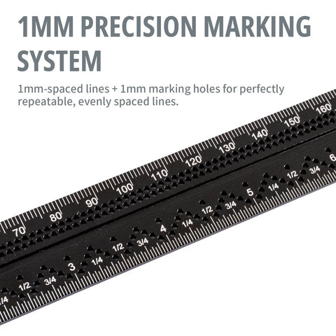 Close-up of 12 Inch Combination Angle Square with dual metric and inch ruler, showing 1mm and 1/16 inch hole spacing for precision marking.