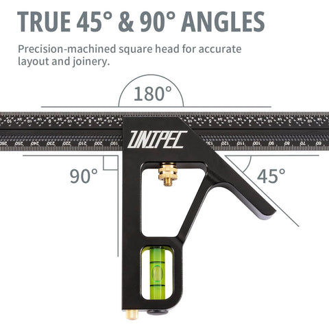 12 Inch Combination Angle Square With Dual Metric And Inch Ruler And Horizontal Bubble Level for precise layout and marking.