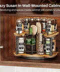 12 Inch D Shaped Lazy Susan Spice Rack Organizer in wall-mounted cabinet, height adjustable two tier rotating turntable, solid wood design
