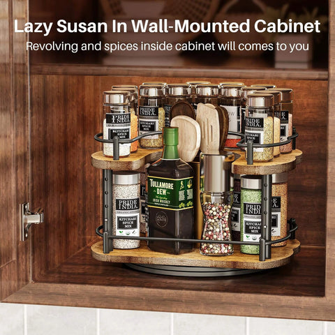 12 Inch D Shaped Lazy Susan Spice Rack Organizer in wall-mounted cabinet, height adjustable two tier rotating turntable, solid wood design