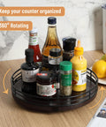12 Inch Dark Mahogany Lazy Susan Turntable Organizer With Black Metal Frame For Tabletop holding spices and condiments