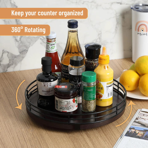 12 Inch Dark Mahogany Lazy Susan Turntable Organizer With Black Metal Frame For Tabletop holding spices and condiments
