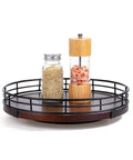 12 Inch Dark Mahogany Lazy Susan Turntable Organizer With Black Metal Frame For Tabletop holding spice jars, durable wood base