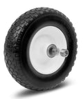 12 Inch Flat Free Solid Polyurethane Tire and Wheel, Black All Purpose Replacement with 1 Inch Bore, Center Hub Design, side view.