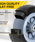 Diagram of 12 Inch Solid Flat Free PU Tire and Wheel, 5/8 Inch Axle Bore, showing PU foam surface and bearing hub details.
