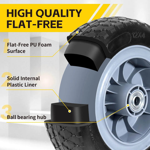 Diagram of 12 Inch Solid Flat Free PU Tire and Wheel, 5/8 Inch Axle Bore, showing PU foam surface and bearing hub details.