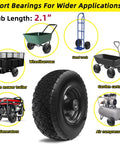 12 Inch Flat Free Solid Rubber Tire and Wheel Assembly with 2.1 Inch Offset Hub shown next to compatible garden carts and equipment.