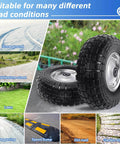 12 Inch Flat Free Solid Tire and Wheel Assemblies for Hand Trucks and Garden Carts displayed on various surfaces.
