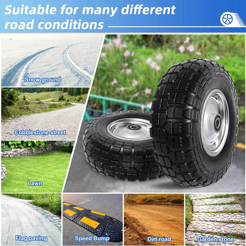 12 Inch Flat Free Solid Tire and Wheel Assemblies for Hand Trucks and Garden Carts displayed on various surfaces.