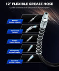 Grease Gun Accessory Kit with 12-inch flexible hose and various couplers, including narrow needle adapter and swivel coupler.