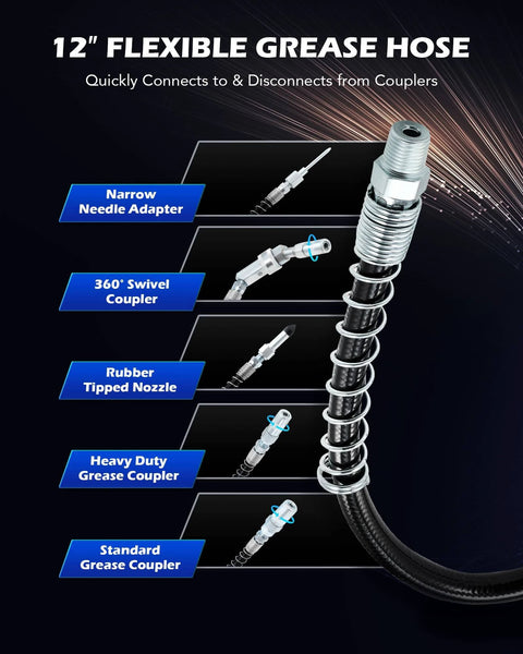 Grease Gun Accessory Kit with 12-inch flexible hose and various couplers, including narrow needle adapter and swivel coupler.