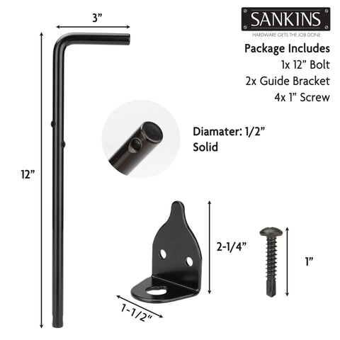 Beefed Up 12 Inch Cane Bolt Drop Rod Gate Hardware Heavy Duty Black Solid Steel Ground Latch with brackets and screws package