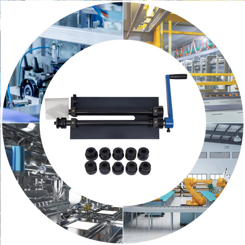 12 Inch Gear Drive Bead Roller Machine With Bench Mount Manual Bending 6 Dies Kit for metal sheets surrounded by industrial images