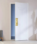 12 Inch Stainless Steel Door Handle Pull And Push Plate Set Heavy Duty Gold Brushed Finish on a white door in a living room