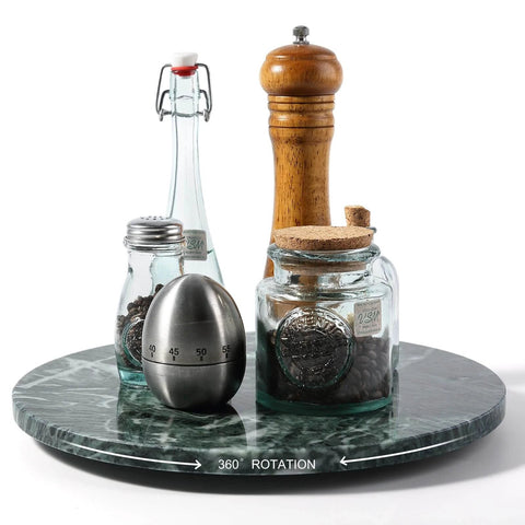 12 inch marble lazy susan turntable made from natural green marble, rotating serving tray with kitchen accessories.