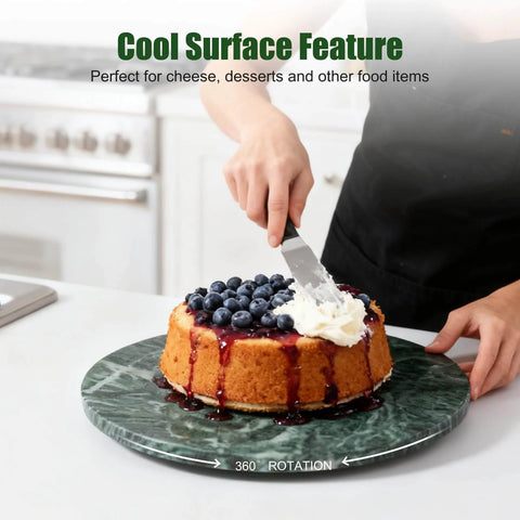 12 inch marble lazy susan turntable made from natural green marble, rotating serving tray designed for countertops with dessert.