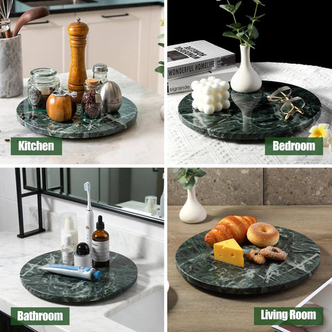 12 inch marble lazy susan turntable made from natural green marble, rotating serving tray for kitchen, bathroom, bedroom, and living room.