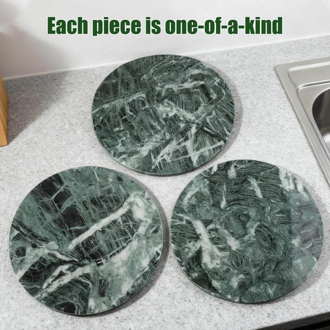 12 inch marble lazy susan turntable made from natural green marble, rotating serving tray designed for countertops on display.